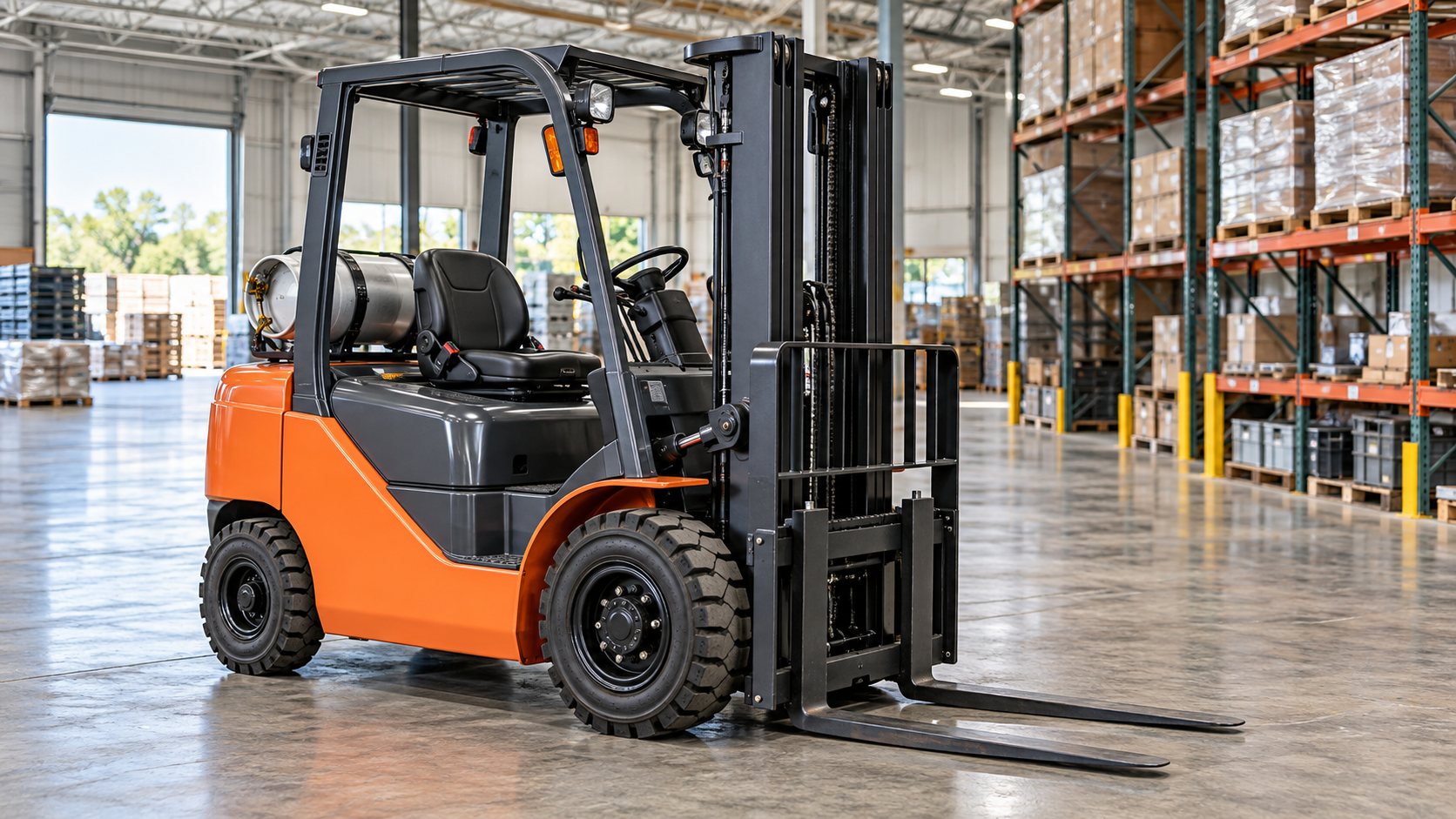 Serviced forklift in an industrial warehouse